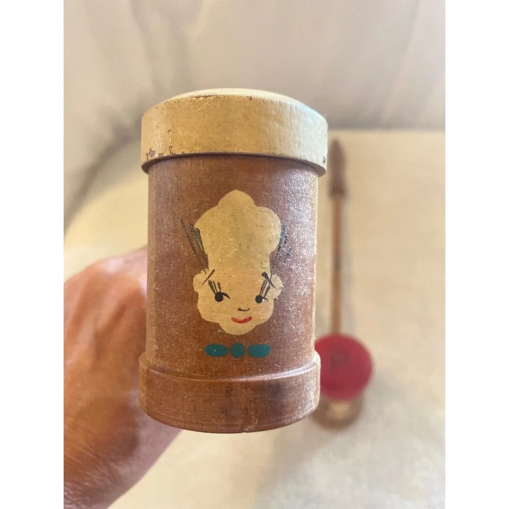 Vintage Long Handle Wooden Mallet Salt and Pepper Shakers Chef Face Set 14 Inch